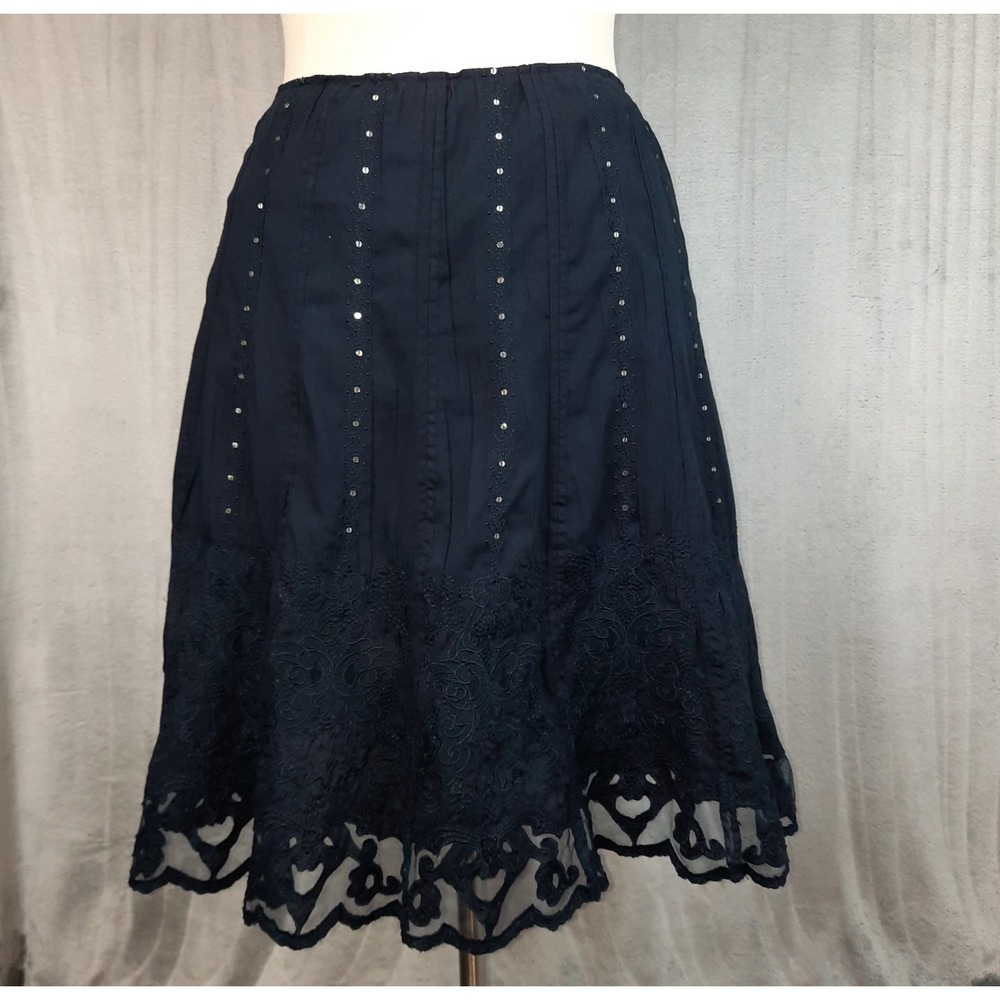 VTG Skirt Blue Embroidered Mesh Lace Sequins Womens 12 Y2K 90s Boho Fairy Grunge